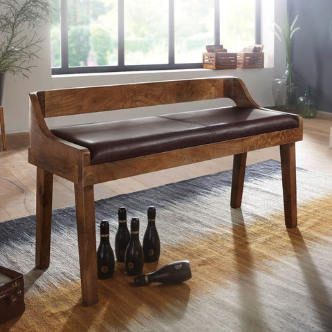 Rootz Bench - Echt leer - Gestoffeerde bank met rugleuning - Bruin voor gang of slaapkamer - Kleine leren bedbank - Massief hout - 108x63x43cm 