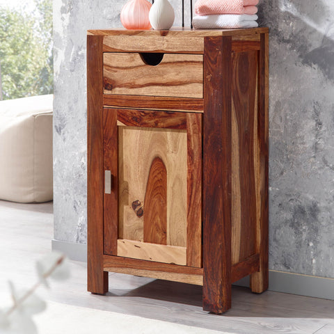 Rootz Bathroom Cabinet - Standing Utility Closet with Drawer and Door - Compact and Functional Bathroom Storage - Solid Sheesham Wood - 46x80x30 cm