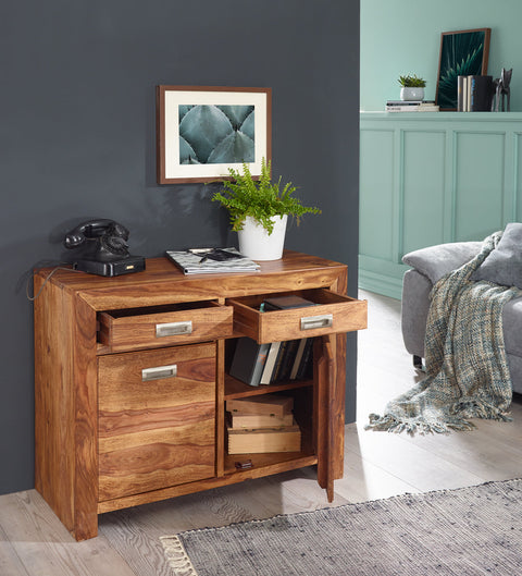 Rootz Sideboard – Palisanderholz – 2 Schubladen, 2 Türen – Design-Highboard – Landhausstil – Braun Natur – 90 cm Kommode