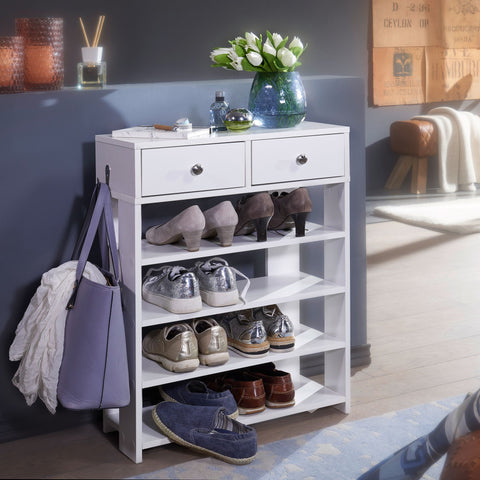 Rootz Shoe Rack - Hall Shelf White - Shelf with 2 Drawers, High Shelf with 4 Compartments - 60 x 79 x 24 cm