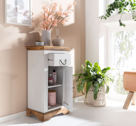 Rootz Bathroom Cabinet - Compact Standing Cabinet with Drawer and Door - Ideal for Narrow Spaces - White Mango Wood - 47x80x32 cm