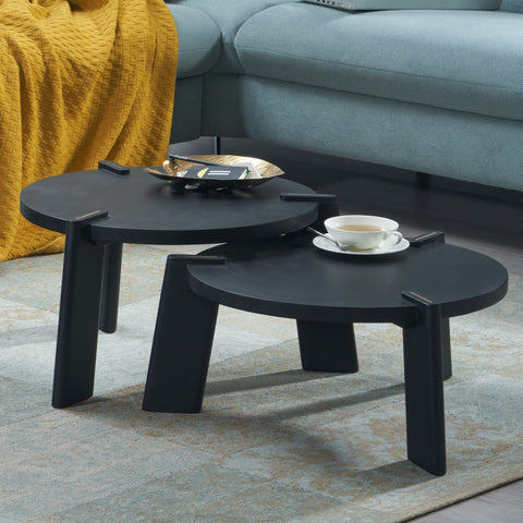 Rootz Design Couchtisch 2er Set Mango Massivholz Wohnzimmertisch schwarz – Satztische Holztisch runder Beistelltisch – Tischset 2-teiliger Couchtisch Holz