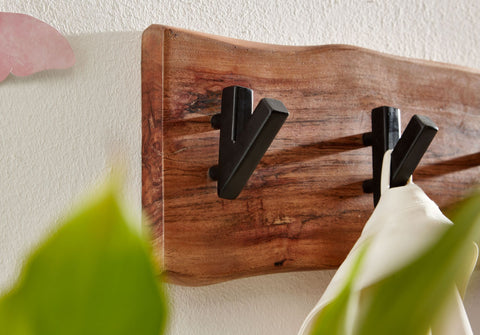 Rootz Coat Rack - Acacia Solid Wood with Metal - Wall-Mounted Hook Rail - Wood Hall Coat Rack - 60x17x9cm