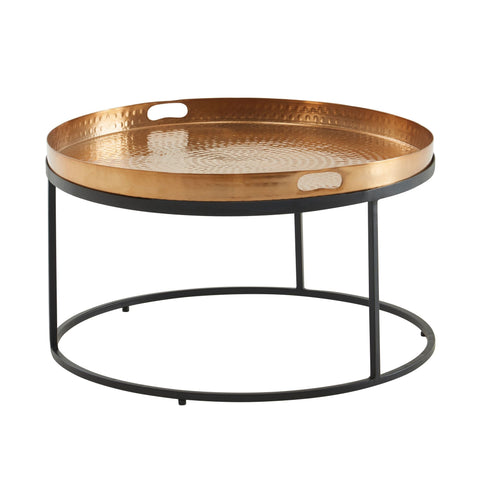 Rootz Coffee Table - Hammered Metal - Gold & Black Aluminum - Removable Round Tray - Modern Design - 62x62x36 cm