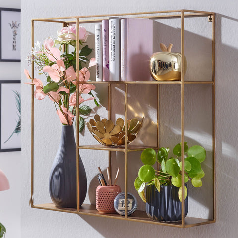 Rootz Hanging Shelf - Modern Floating Design - Small Metal Floating Shelf for Living Room - Gold Iron - 68x68x17 cm