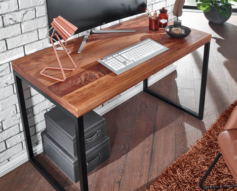 Rootz Sheesham massief houten bureau - Computertafel met metalen frame - Klein donker design bureau - 117x59x76,5 cm 