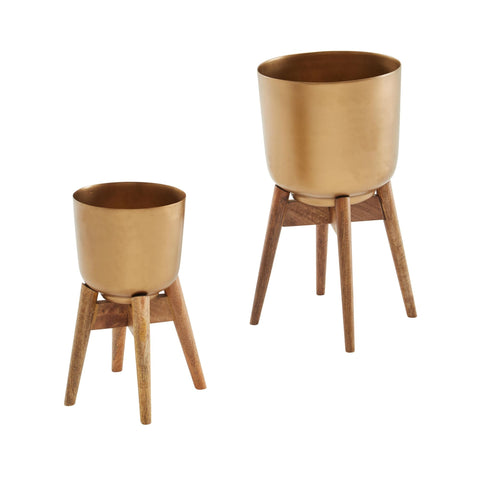 Rootz Flower Pot Set - 2 Metal and Solid Wood Planters in Gold with Feet - Design Round Planters - Stylish Flower Pot Planter