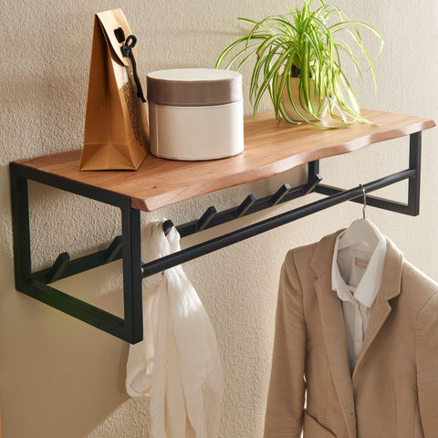 Rootz Coat Rack - Acacia Solid Wood with Metal - Hook Rail with Shelf and Clothes Rail - Wall-Mounted Cloakroom for Hall - 80x22x33cm