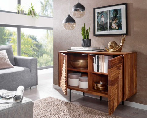 Rootz Sideboard - Modern Metal Sideboard with Two Doors - Living Room Dresser Cabinet - Solid Sheesham Wood - 100x71x40 cm