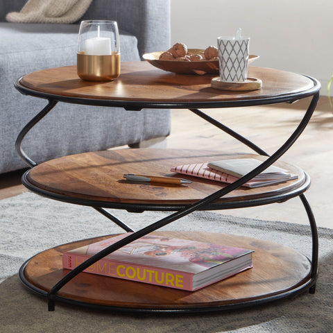 Rootz Coffee Table - Metal with Storage - Modern Living Room Table - Small Round Side Table - Solid Sheesham Wood -  58x58x40.5 cm