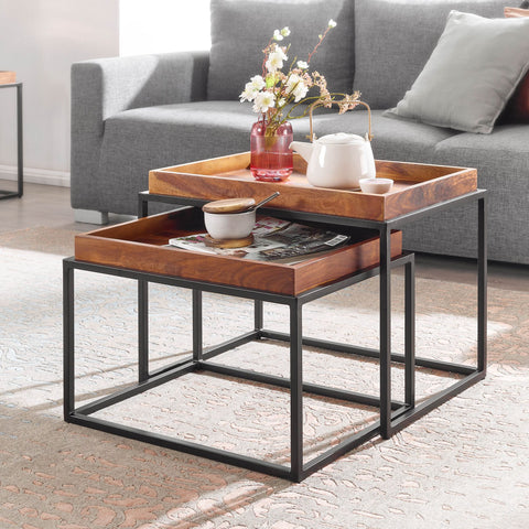 Rootz Couchtisch 2er-Set Sheesham-Massivholz – Satztisch aus Metall rechteckig – Industrie-Couchtisch mit abnehmbarem Tablett – Tabletttisch Sofa 2-teilig modern – Eckiger Beistelltisch 
