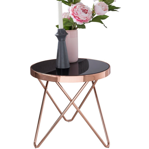 Rootz Side Table - Metal and Glass Design - Modern Mirrored Living Room Coffee Table - Round Glassy Sofa Table - Black/Copper -  42 cm