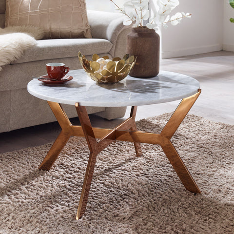 Rootz Couchtisch aus weißem Marmor – goldene Metallbasis – modernes Design – runder Wohnzimmer-Beistelltisch – kleiner Couchtisch – 62 x 62 x 38 cm 