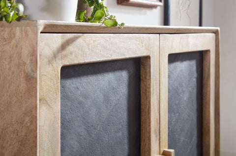 Rootz Dressoirkast - 2 Deurs Ladekast - Kleine Massief Houten Ladekast - Multifunctionele Staande Kast met Metalen Frame - Bruine Steen - Massief Mangohout - 80x75x35 cm