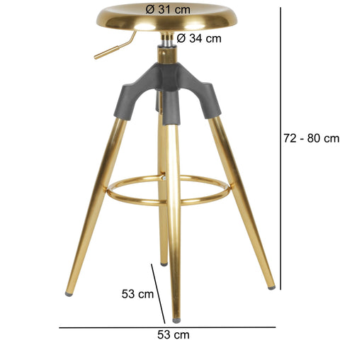 Rootz Bar Stool - Industrial Design Counter Chair - 100 kg Max Load Capacity - Gold Metal - 72-80 cm Height