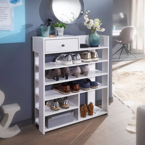 Rootz Shoe Rack - Hall Shelf White - High Shelf with 7 Compartments and Drawer - 75 x 92.5 x 24 cm