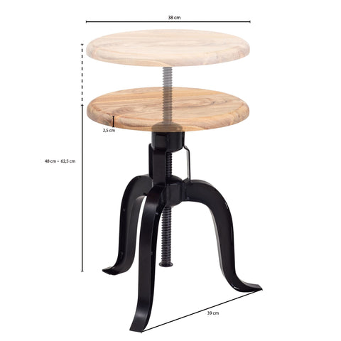 Rootz Swivel Stool - Round Industrial Standing Stool - Small Modern Bar Stool - Solid Acacia Wood - Black Metal - Adjustable Height - 39x62.5x39 cm