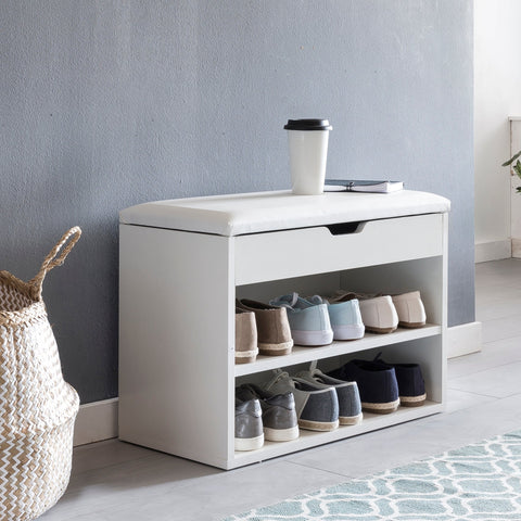 Rootz Shelf Bench - White - Small Upholstered Wooden Bench - Narrow Hallway Shoe Bench with Storage - Chest Bench for Hallway - 60 x 40 x 30 cm