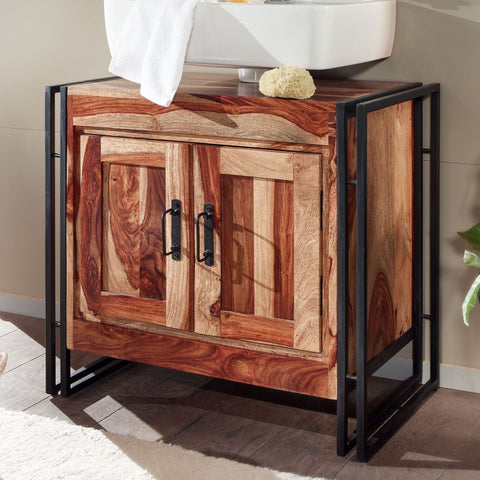 Rootz 2-Door Bathroom Cabinet - Solid Sheesham Wood - 68x63x42 cm - Industrial Style Standing Base Cabinet - Midi-Sized Small Bathroom Cabinet
