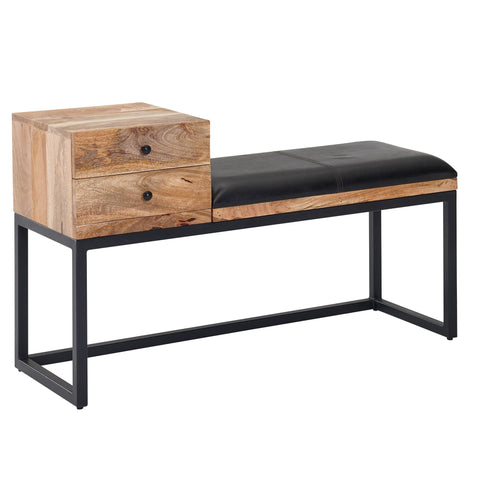 Rootz Goatskin Bench - Retro Style Solid Wood Bench - Metal Hallway Upholstered Bench with Storage - Black Padded Leather Storage Bench - Small Hallway Bench - 100x60x35 cm