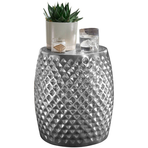 Rootz Serving Table - Silver Aluminum - Oriental Round Coffee Table - Hammered Metal Living Room Table - Modern Indian Telephone Table - 32x42x32 cm