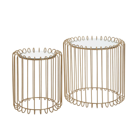 Rootz Set mit 2 Beistelltischen aus goldenem Korbgeflecht – runde Satztische aus Metall und Glas – moderne Wohnzimmertische mit Stauraum – abnehmbare Tischplatten – Couchtisch-Set