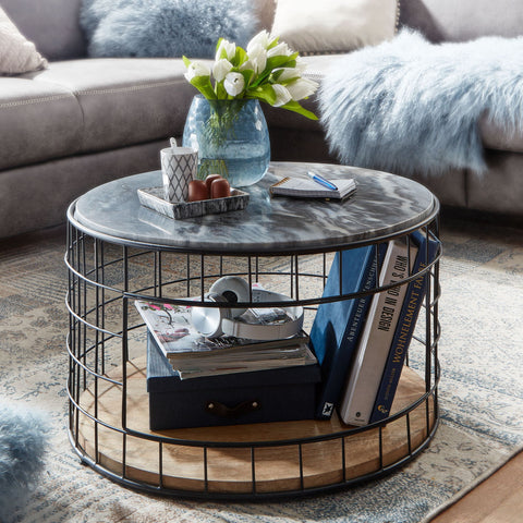 Rootz Couchtisch – Holz-Metallkorb mit Marmorplatte – rundes Design mit Stauraum – moderner schwarzer Wohnzimmertisch – Beistelltisch – 60,5 x 60,5 x 37 cm