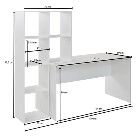 Rootz White Desk with Shelf - Modern Office Table - Laptop Table with 6 Shelves - Home Office Computer Desk with Storage -  170x59x143.5 cm