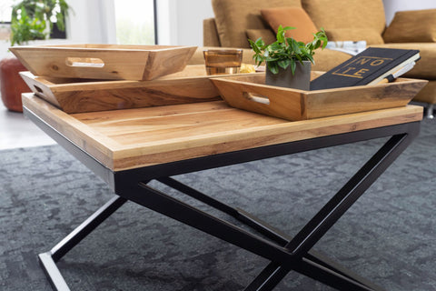 Rootz Couchtisch – Akazien-Massivholz – Metalltisch – quadratischer Design-Couchtisch – kleiner Wohnzimmertisch (60 x 47,5 x 60 cm) 