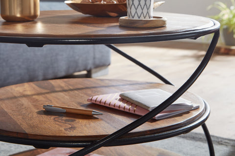 Rootz Coffee Table - Metal with Storage - Modern Living Room Table - Small Round Side Table - Solid Sheesham Wood -  58x58x40.5 cm