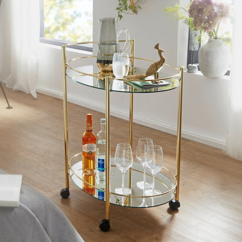 Rootz Serving Trolley - Mobile Mini Bar - Side Table on Wheels - Dining Car with White Glass Top - Kitchen and Tea Trolley - Gold - 67x79cm