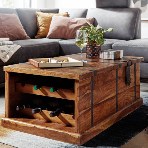 Rootz Coffee Table - Chest Table with Wine Rack - Design Living Room Table with Storage - Modern Sofa Table - Wooden Table for Living Room - Solid Sheesham Wood - 100x60x40 cm