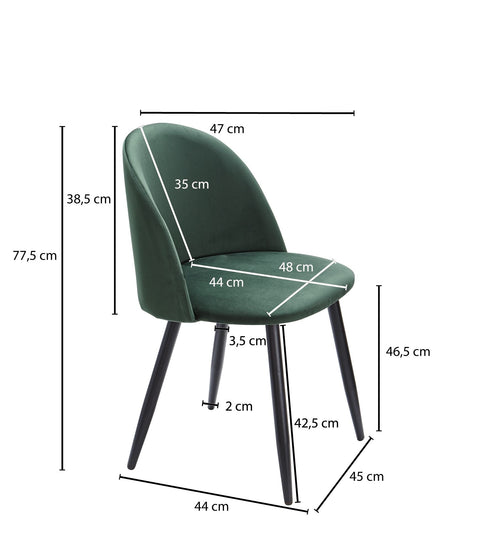 Rootz Dining Chairs - Set of 2 Green Velvet Upholstered - Black Legs - Shell Chair Scandinavian Design - Velvet Cover