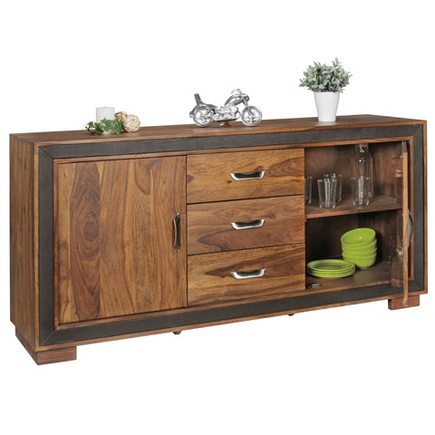 Rootz Sideboard - Sheesham Solid Wood - Rustic Country Style - Chest with Drawers and Doors - Imitation Leather - 160x44x80cm