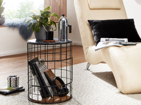 Rootz Bijzettafel - Marmeren Blad Hout-Metalen Mand - Rond Design met Opbergruimte - Moderne Zwarte Woonkamertafel - Bijzettafel - 38x38x50 cm