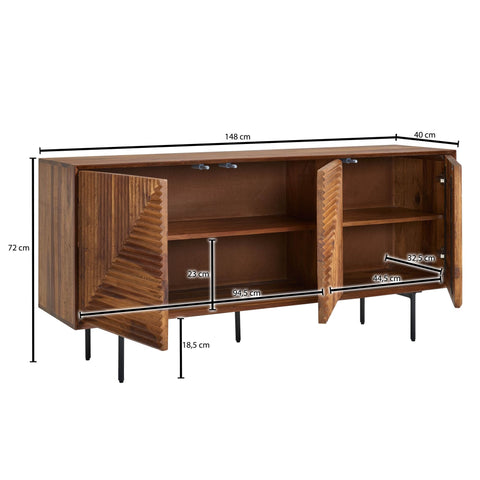 Rootz Sideboard - Modern Metal Sideboard with Three Doors - Living Room Dresser Cabinet - Solid Sheesham Wood - 148x72x40 cm