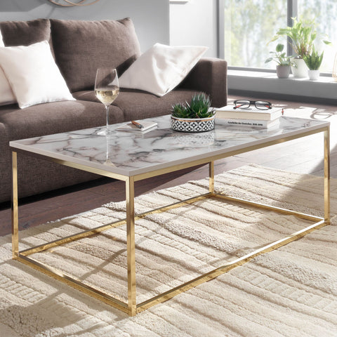 Rootz Coffee Table - Metal Frame Living Room Table - White-Gold Marble Look - Square Sofa Side Table - 100x60x40 cm