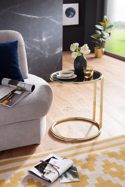 Rootz Design Beistelltisch Ø 45 cm Couchtisch rund schwarz - mattgold - Designer Couchtisch aus Glas modern - Glastisch mit Metallgestell - Kleiner Couchtisch - Runder Metalltisch Wohnzimmer