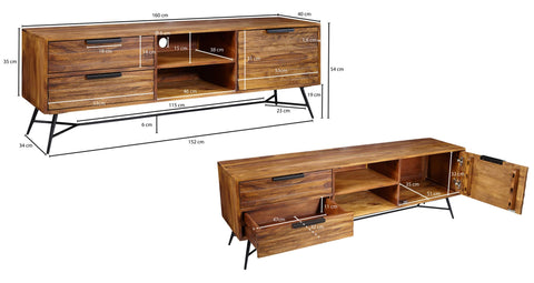 Rootz TV Chest - Lowboard - Sheesham Wood - Design Hi-Fi Board with Storage and Drawers - Industrial TV Chest - 160x54x40cm