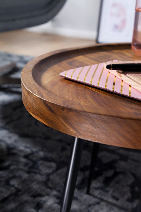 Rootz Side Table -  Sheesham Wood - Metal Coffee Table in Industrial Style - 46x40x46cm