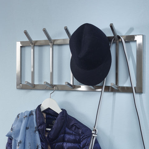 Rootz Wall Coat Rack - Metal Silver - Design Hallway Coat Rack Steel - Hook Rail Wall Panel - Wardrobe Wall - 65x30x10 cm