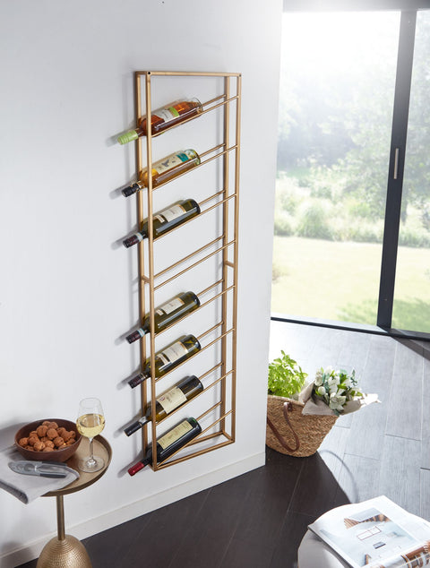 Rootz Gold Metal Wall Rack - Large for 8 Bottles - Design Kitchen Wall Shelf - 36x150x8 cm