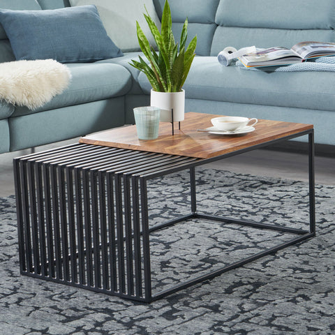 Rootz Coffee Table - Rectangular Design - Industrial Style - Large End Table - Solid Wood & Metal - 90x55x40 cm