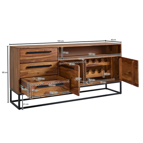 Rootz Wine Rack - Industrial Sideboard - Solid Sheesham Wood and Metal - Drawer Cabinet Home Bar - 165x80x40 cm
