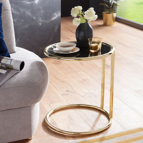 Rootz Design Beistelltisch Ø 45 cm Couchtisch rund schwarz - mattgold - Designer Couchtisch aus Glas modern - Glastisch mit Metallgestell - Kleiner Couchtisch - Runder Metalltisch Wohnzimmer