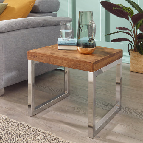 Rootz Side Table - Solid Wood - Sheesham - Metal Frame - Living Room Table - Dark Brown - Country House Style