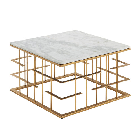 Rootz Coffee Table - Gold Metal - Modern Design - Small Square Living Room Table - White Marble - 55x55x35 cm