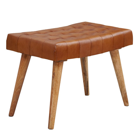 Rootz Stool - Real Leather Chesterfield Design - Brown Leather Stool - Country Footstool, No Backrest - Mango Solid Wood - 67x47x39cm