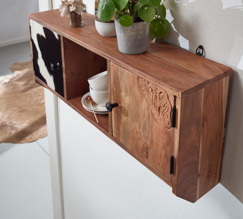 Rootz Wall Hanging Kitchen Shelf - Small Design with Doors - Floating Spice Rack - Solid Acacia Wood - 80x36x17 cm