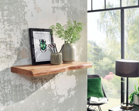 Rootz Wall Shelf - Acacia Wood with Tree Edge - Design Floating Shelf - Natural Wood Wall Board - Country Style Hanging Shelf -  60 cm